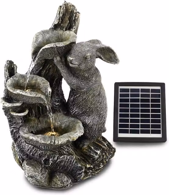 Geezy Solar Rabbit Bunny Tabletop Fountain with LED Lights in Brown