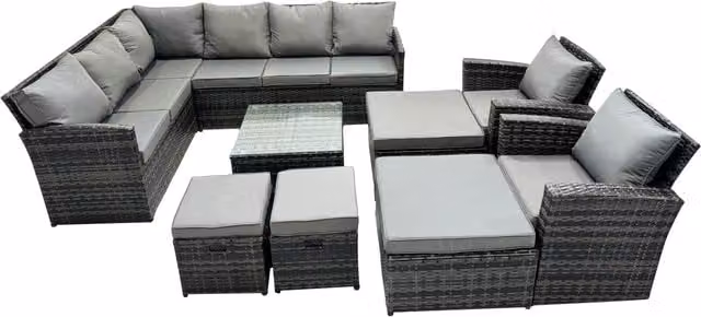 Fimous 12 Seat Poly Rattan Corner Sofa Set with 4 Stools and 2 Chairs in Dark Grey – 1