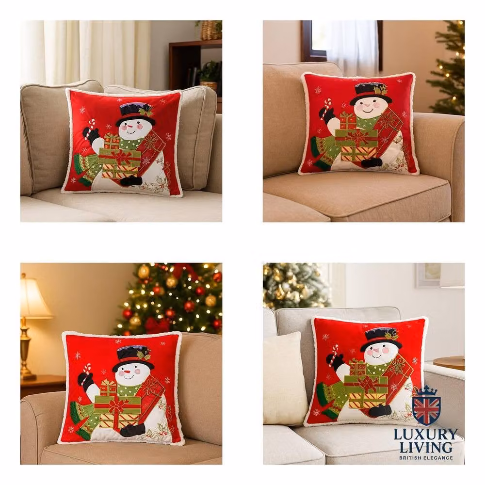 Luxury Living Red and White Embroidered Snowman Christmas Cushion, 45 x 45 cm – 5
