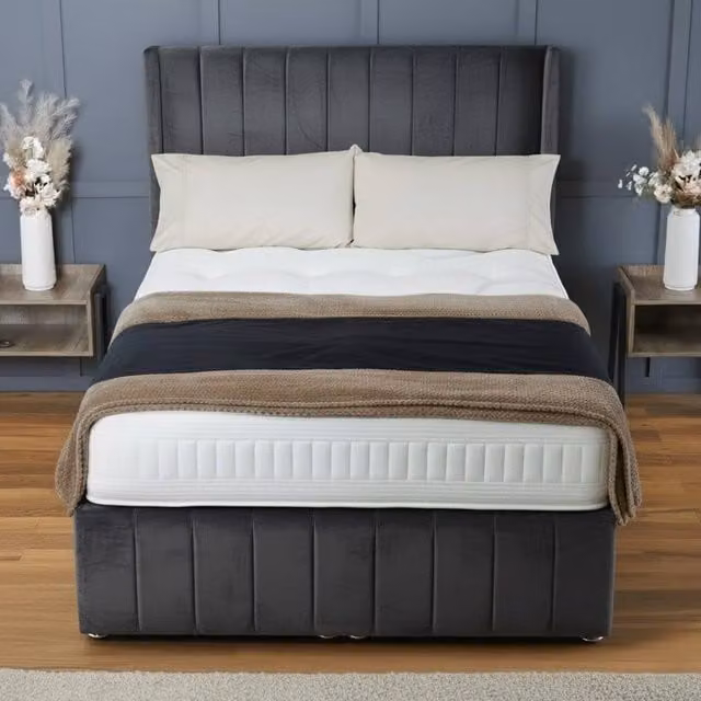 BSSPOKE Zoe Small Double Ottoman Divan Bed with 54 inch Headboard and Footboard, Grey Plush Velvet