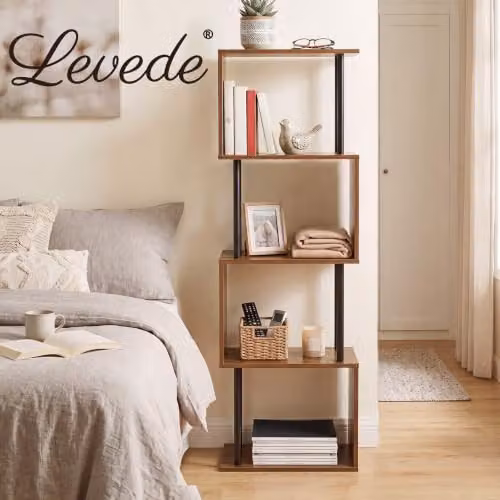 Levede 5-Tier S-Shaped Geometric Bookshelf, Modern Freestanding Wooden Storage Unit for Living Room and Home Office, H 126 x W 38 x D 24 cm, Walnut – 2
