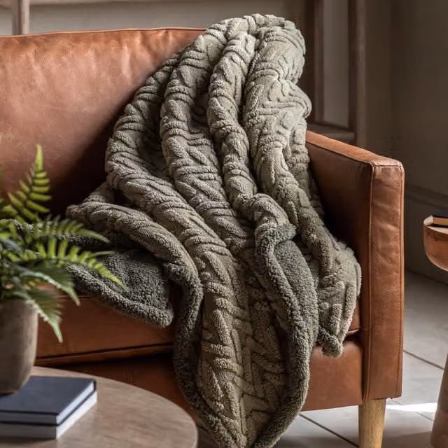 Terrys Herringbone Sherpa Fleece Throw, Green, W: 140 cm, L: 180 cm