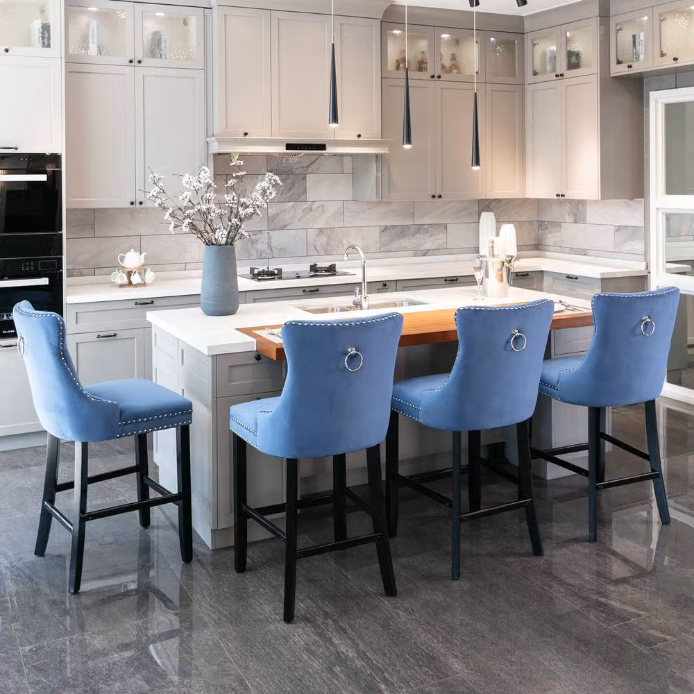 Modern Home Touch Romsey Set of 6 Blue Velvet Kitchen Breakfast Barstools with Oak Wood Legs and Knocker Ring Back – 2