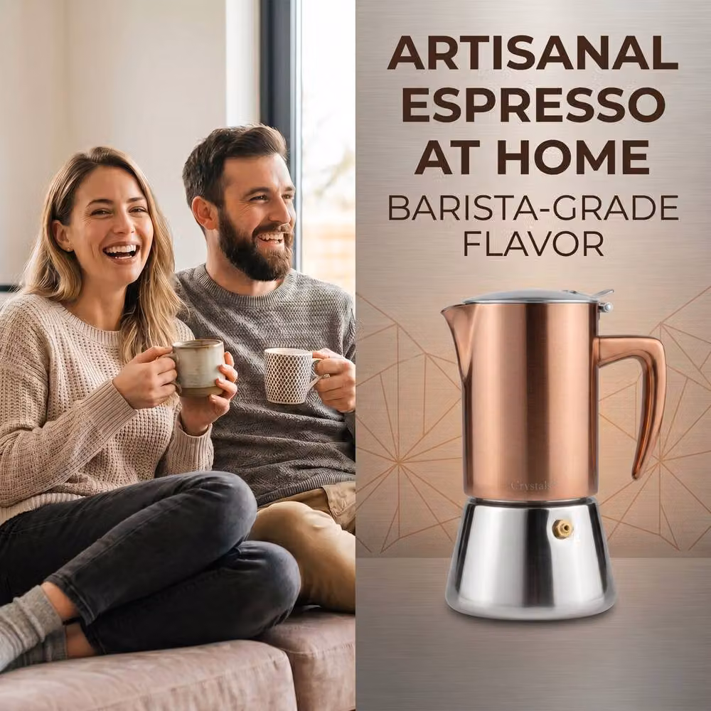 Crystals 4 Cup Stainless Steel Espresso Maker Stovetop Coffee Moka Pot in Copper/Bronze, 200ml – 6