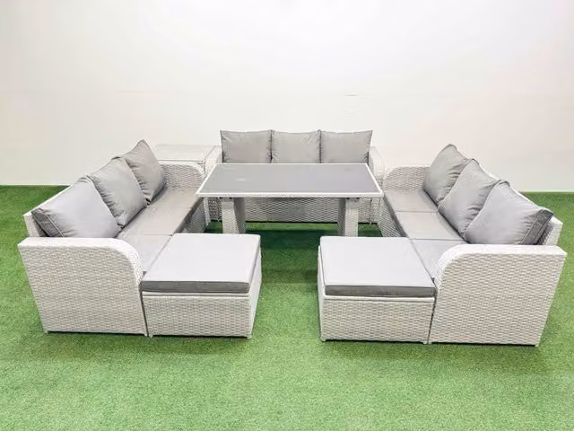 Fimous Modern Rattan Garden Furniture Set in Light Grey with Side Table and 2 Stools