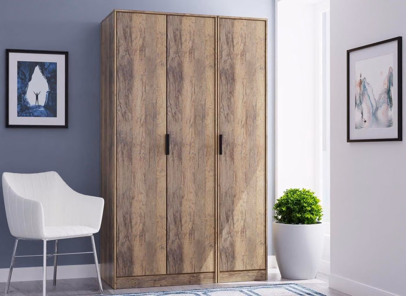 Dakota 3-Door Industrial Wardrobe in Oak and Black with Soft-Close Hinged Doors