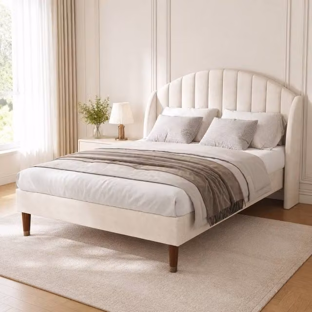 STILVORA Upholstered Single Bed with Slatted Frame and Headboard in Beige, W/D/H: 90 x 190 cm