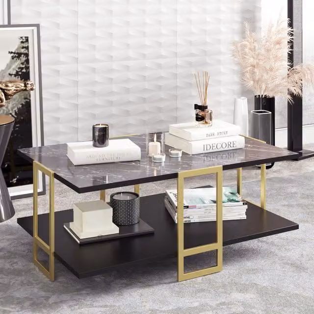 Decorotika Polka Rectangular Coffee Table in Black Marble Effect and Gold – 1