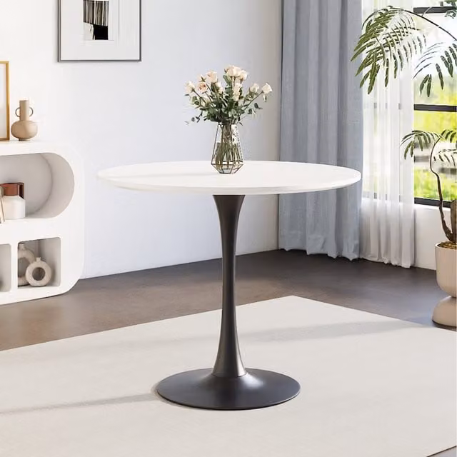Komore Round Minimalist Dining Table with MDF Laminate Top and Metal Base in White and Black