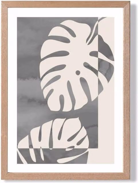 ARTZE Grey Monstera Mid Century Tropical Botanical Framed Print with Oak Frame, A4