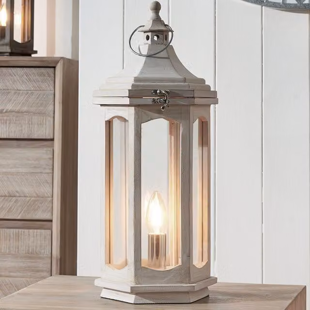 Pacific Lifestyle Shabby Chic Wood Lantern Tabletop Lamp in White and Silver