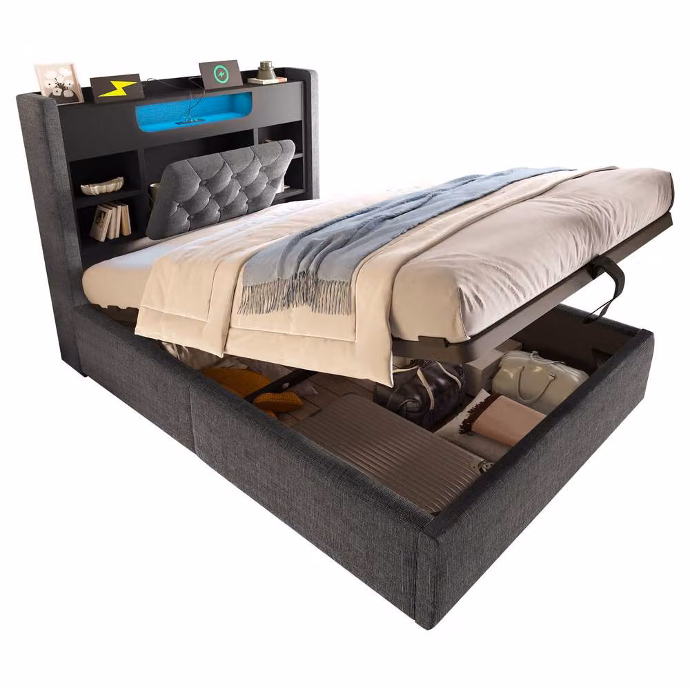 Merax Grey Upholstered Double Ottoman Bed with Storage, USB Charging Port and Bedside Shelf, W/D/H: 140 x 200 x 115 cm – 7