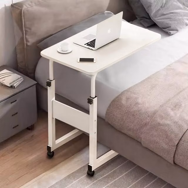 Living and Home Height Adjustable Mobile Overbed Desk with Wheels in White