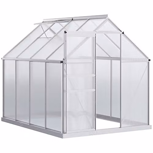 Outsunny Polycarbonate Walk-In Greenhouse with Sliding Door in Silver Tone