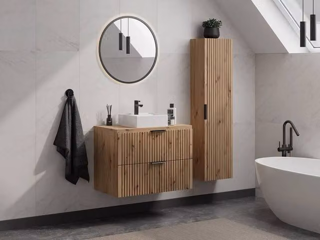 Vente-unique Striated Wall-Mounted Bathroom Vanity Unit and Tall Cabinet with Countertop Basin in Light Oak and White, W/D/H: 80 x 46 x 57 cm – 1