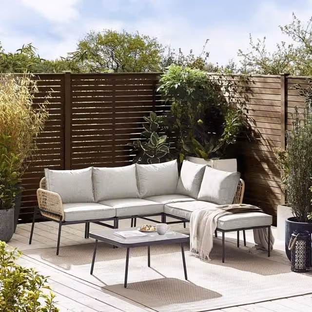 FurnitureboxUK Maldives 5 Seat PE Rattan L-Shape Outdoor Garden Sofa Set with Coffee Table and Ottoman in Beige