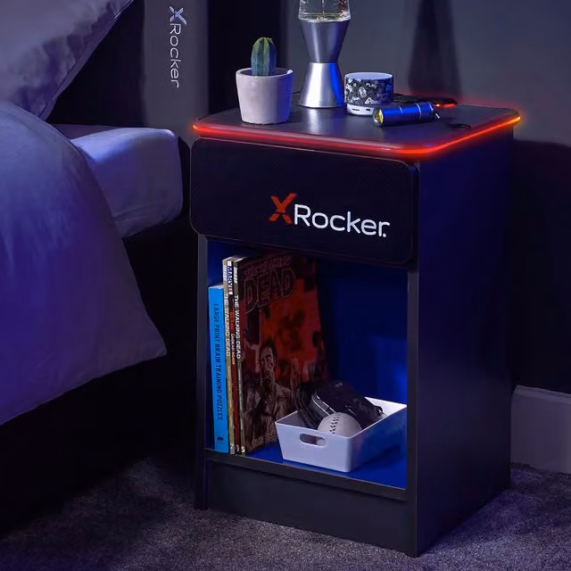 X Rocker CARBON-TEK Bedside Table with Wireless Charging and LED Lights in Blue and Black