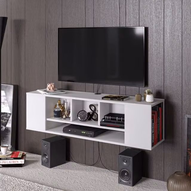 Paldi TR Wall Mounted Modern White TV Unit with Media Compartments W/D/H: 135 x 35.2 x 38.8 cm