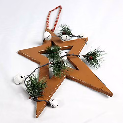 Shatchi Wooden Star Hanging Christmas Decoration, Light Brown and White, H 26 cm x W 18 cm x D 1.2 cm – 2