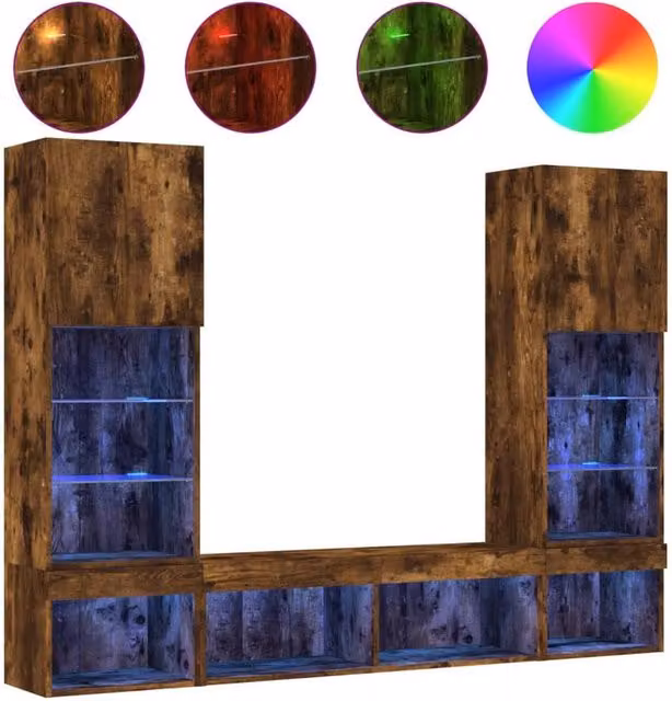 Berkfield Home 5 Piece Modern TV Wall Unit Set with Integrated LED Lighting in Smoked Oak Brown – 1