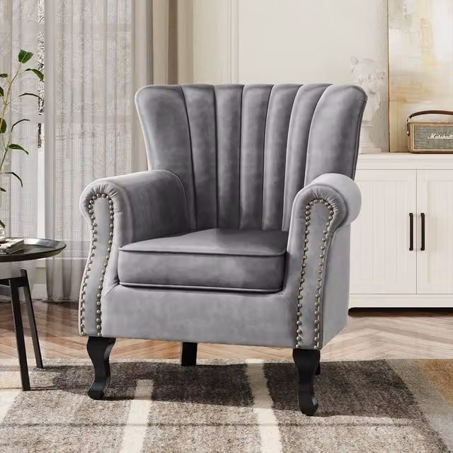 Kidkid Art Deco Grey Velvet Armchair with Cushion and Armrests