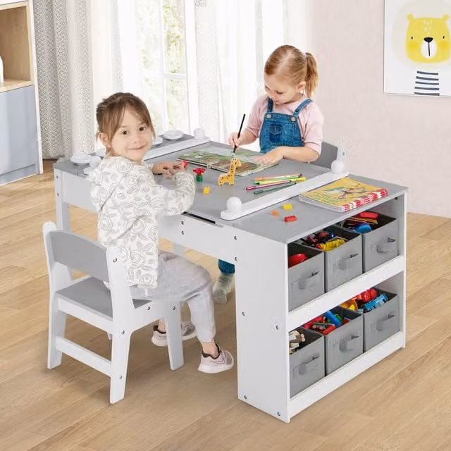 Costway 2-in-1 Kids Art Table and Chair Set with Reversible Easel in Grey