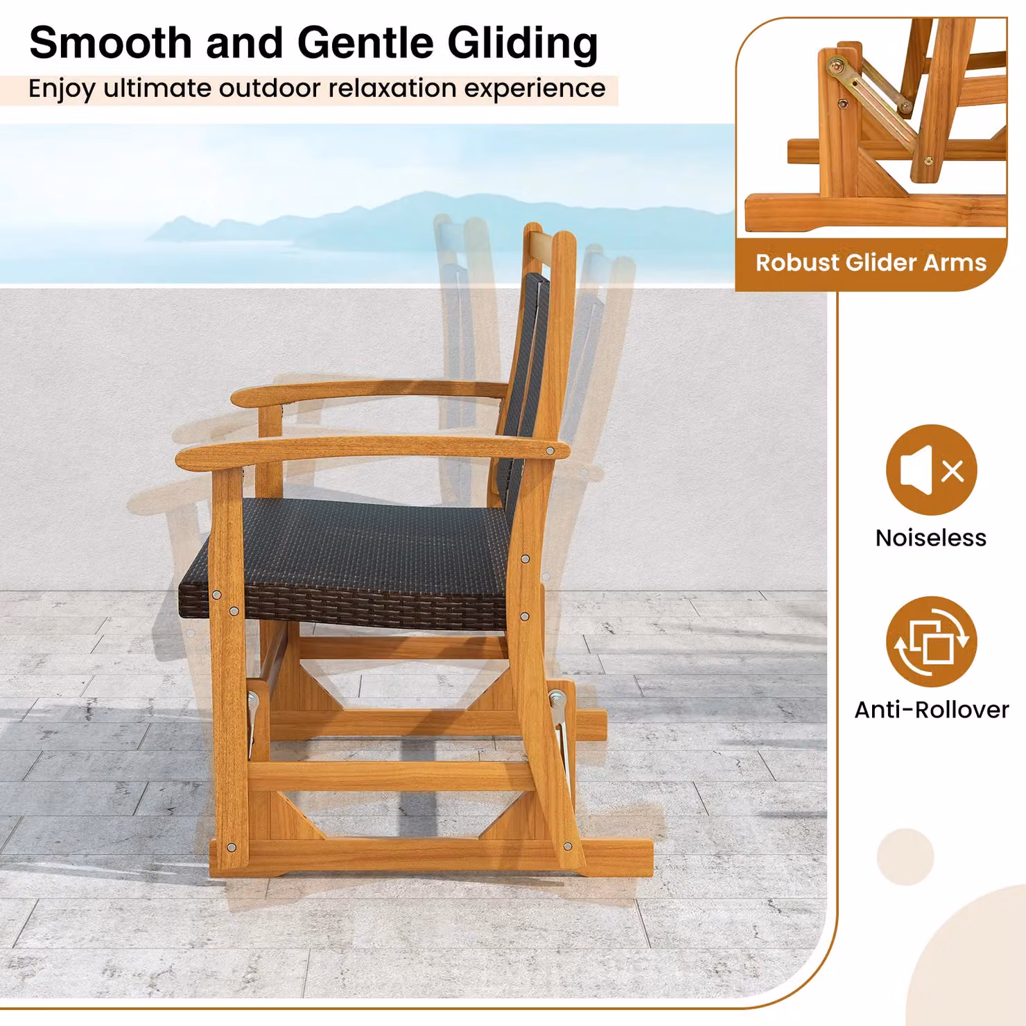 Gymax Outdoor Acacia Wood Glider Bench with Rattan Backrest in Brown – 5