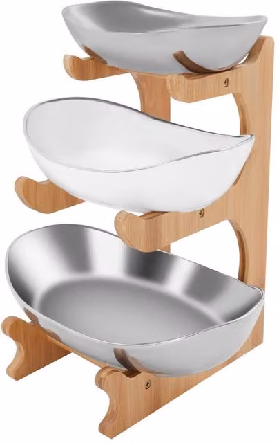 Havendro 3 Tier Multicolour Ceramic and Bamboo Fruit Bowl Stand