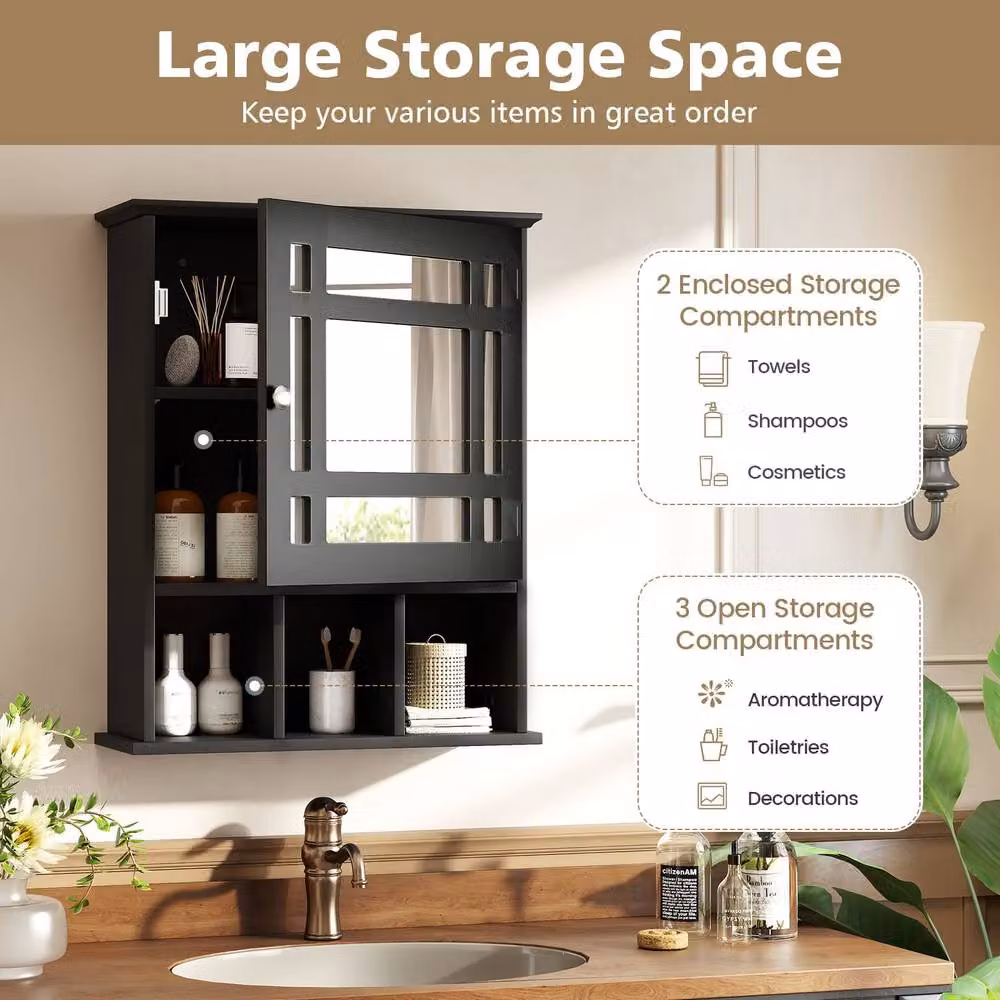 Gymax Wall-Mounted Black Bathroom Storage Cabinet with Mirror Doors and Internal Shelves – 4