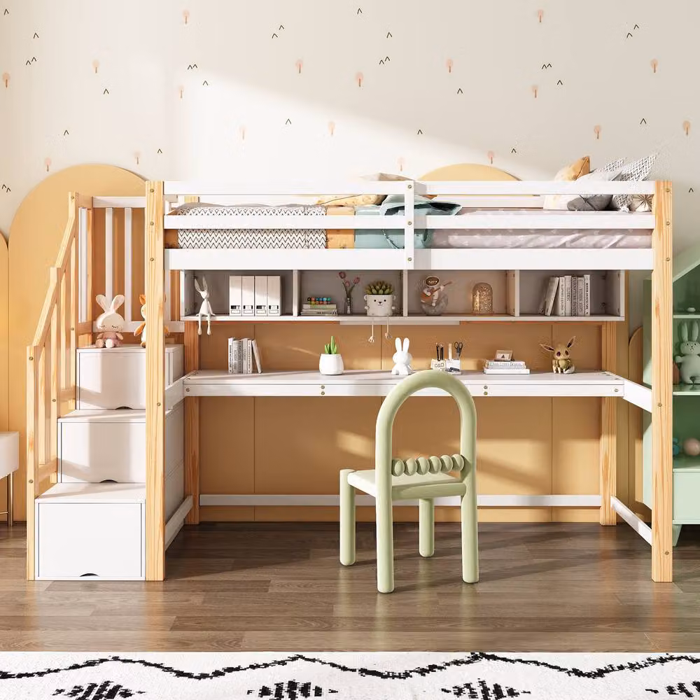 STILVORA Single Childrens Bed Frame with Storage in White and Natural Pine Wood, W/D/H: 90 x 190 x 165 cm – 2