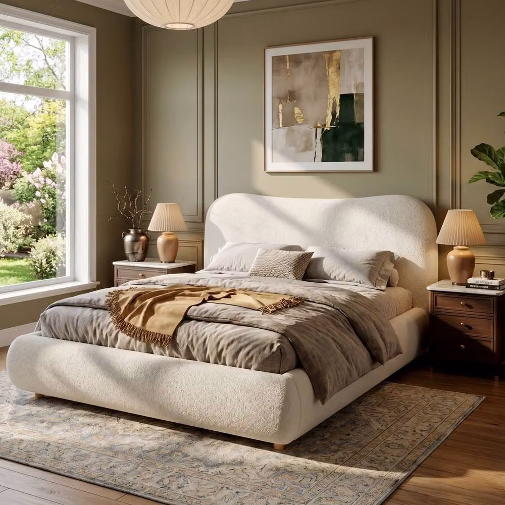 ModernLuxe Bouclé Upholstered Ottoman Bed Frame with Curved Headboard in White, King Size – 3