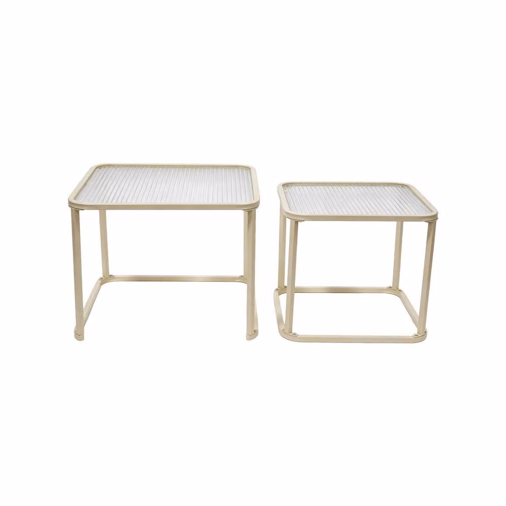 sweeek Set of 2 Modern Nesting Tables with Ribbed Glass Tops and Metal Frames in Off-White, W/D/H: 45.5 x 45.5 x 45.5 cm and 35.0 x 35.0 x 35.0 cm – 2