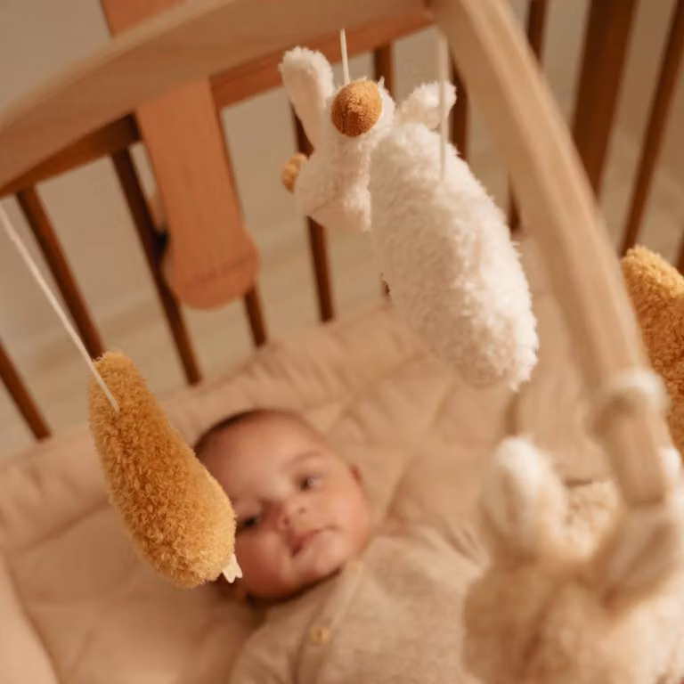 Little Dutch Wooden Musical Cot Mobile Newborn Naturals with Moon, Stars and Clouds