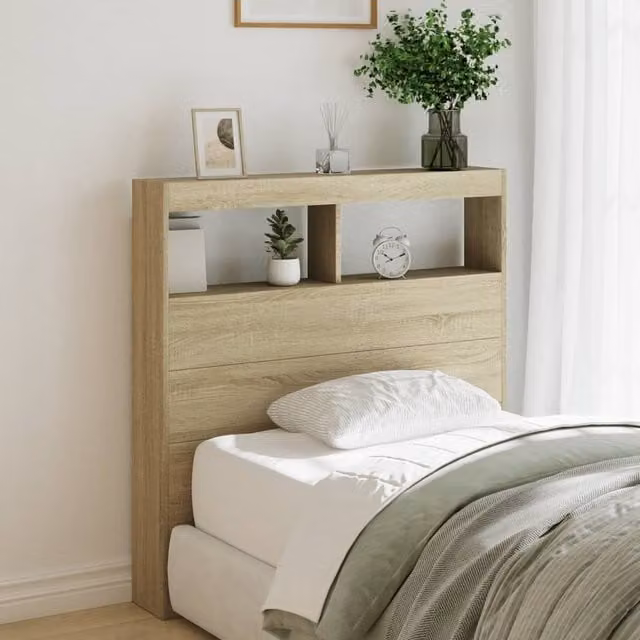 Berkfield Home Sonoma Oak Headboard Cabinet with LED Lighting and USB Charging Port, Brown, W/D/H: 100 x 17 x 102 cm – 1