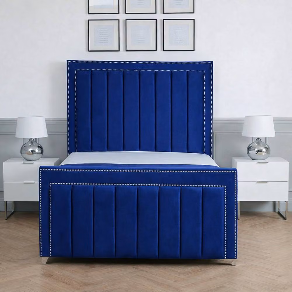 Living Comfort Bedz Royale Plush Velvet Upholstered King Size Bed with Slatted Base and 48 Inch Headboard in Blue, W/D/H: 180 x 200 cm – 2