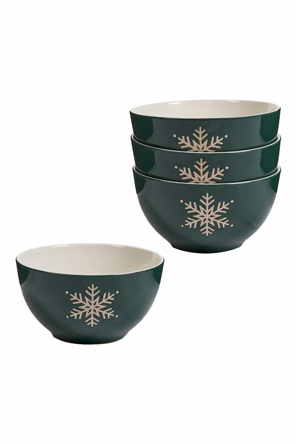 Dibor Set of 4 Green and White Winter Stoneware Christmas Dinnerware Bowls, Diameter: 14.2 cm – 2