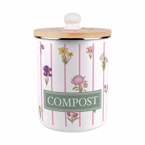 Purely Home Pinstripes & Flowers Compost Caddy - Pink Metal Kitchen Food Waste Bin with Removable Inner Bucket and Odour Filter, 2 L