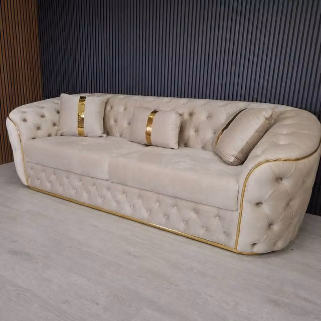 Stratus Interiors Ambassador Chesterfield Sofa in Cream Velvet with Gold Trim