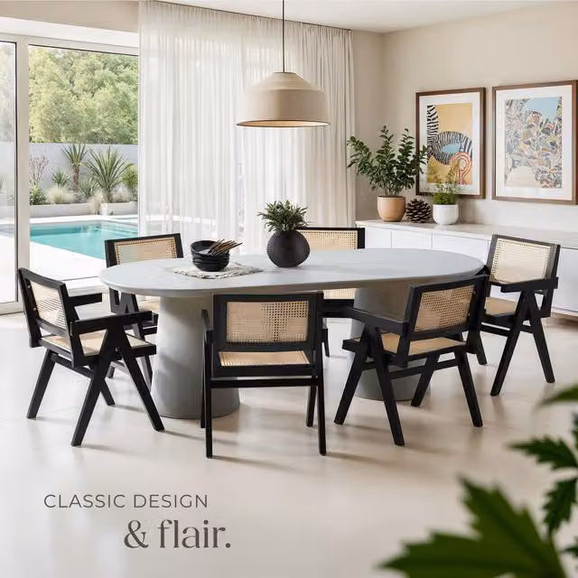 TECTAKE Mid-Century Dining Chair with Rattan Backrest and Fabric Seat in Black, Height: 82.5 cm