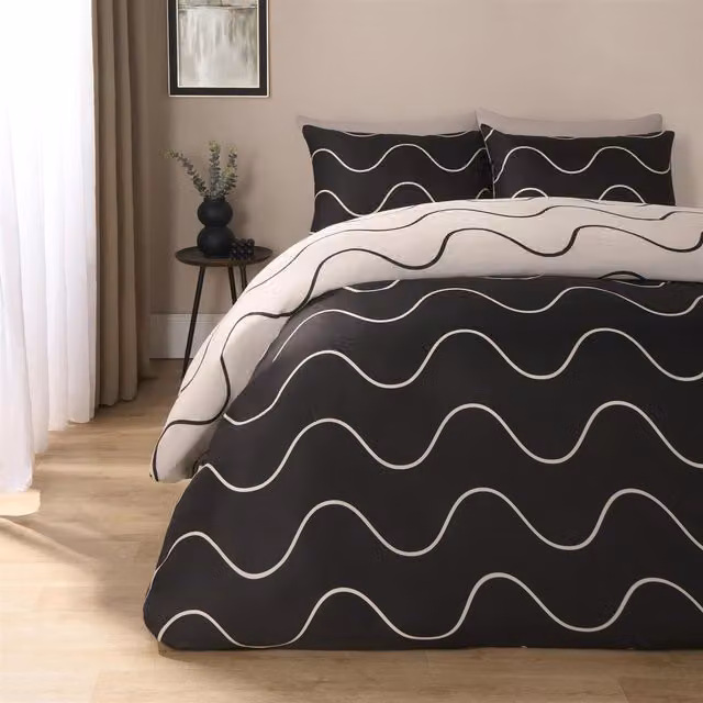 OHS Reversible Graphic Wavy Duvet Cover Set, Black, 180 x 200 cm