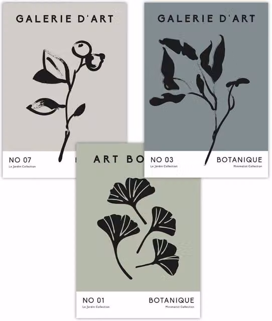 ARTZE Set of 3 Minimalist Botanical Sketch Posters with Leaves and Flowers in Grey, Blue and Green, W: 50 cm, H: 70 cm