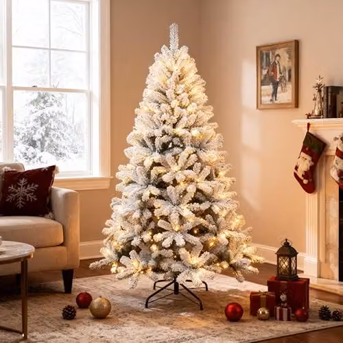 Shatchi 1.8m Pre-Lit Yukon Snow Pine Artificial Christmas Tree in Green and White with 260 Warm White LEDs and Metal Stand, H: 180 cm, W: 100 cm, D: 100 cm – 5
