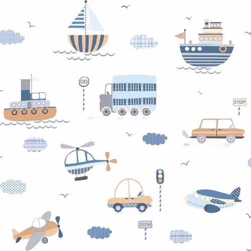 Galerie Tiny Tots 2 Transportation Wallpaper in Brown, Sky Blue and Navy