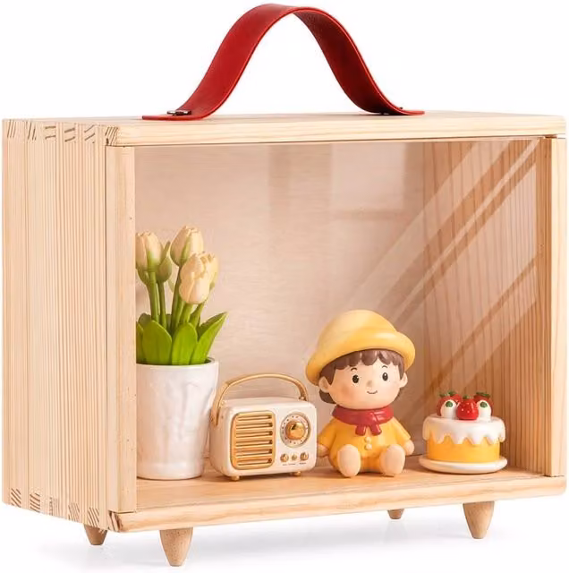 VOGREX Wooden Jewelry Display Box with Transparent Acrylic Dustproof Lid in Beige