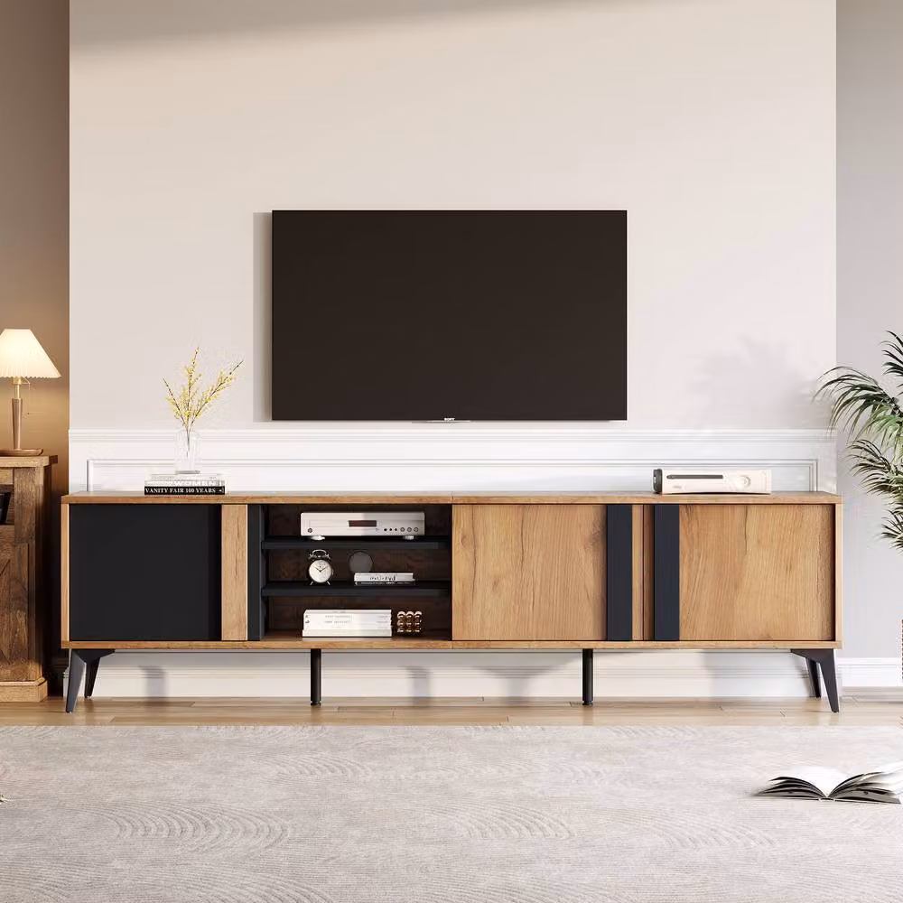Rolipo Industrial TV Stand for 80 Inch TVs with Storage Cabinets, Brown and Black – 2