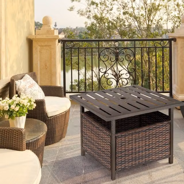 Outsunny Brown Rattan Wicker Coffee Table with Umbrella Hole – 2