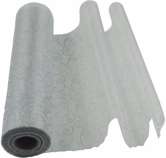 Neel Blue White Organza Roll with Sparkle Snow Sheer Glitter Fabric and Flocked Design, W: 29 cm, L: 25 m