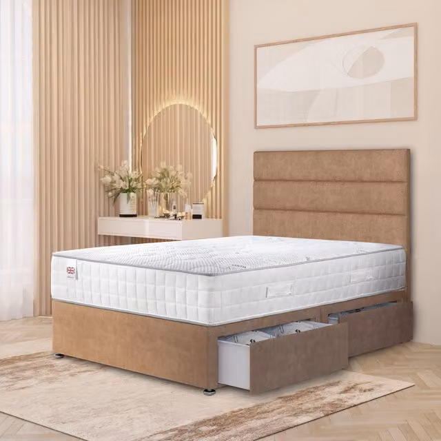 Somnior Beds Ltd Modern Upholstered Fabric Divan Bed Set with Drawers and Spring Mattress in Beige or Brown, W/D/H: 200 x 200 cm