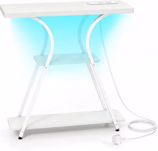 Costway 3-Tier Industrial Console Table with LED Lights and Power Outlets in White
