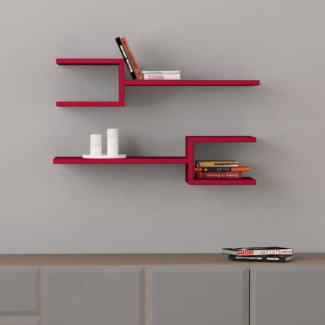 Decortie Fork Modern Wall Mounted Shelf Set in Red